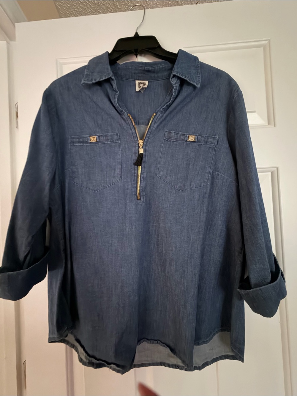 Gently used, Anne Klein Dark Denim Zip-Front Top with Gold Hardware, XL